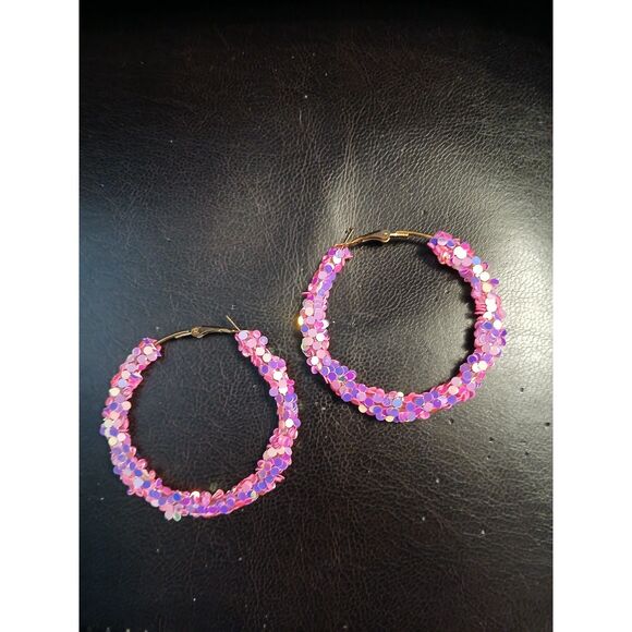 Candy Pink Sequin Hoop Earrings Hoops - Picture 7 of 9